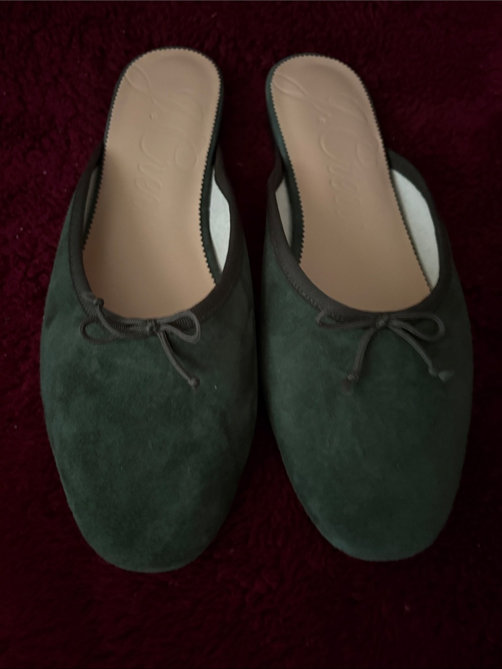 J. Crew Dark Green Suede Bow-Trim Slip-On Mules - Picture 1 of 5